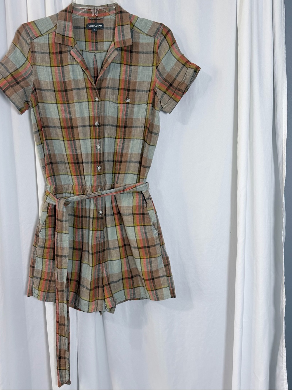 Toad&Co Plaid Short-Sleeve Romper in Tan, Green & Orange